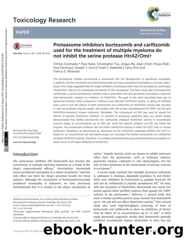 Proteasome inhibitors bortezomib and carfilzomib used for the treatment of multiple myeloma do not inhibit the serine protease HtrA2Omi by unknow