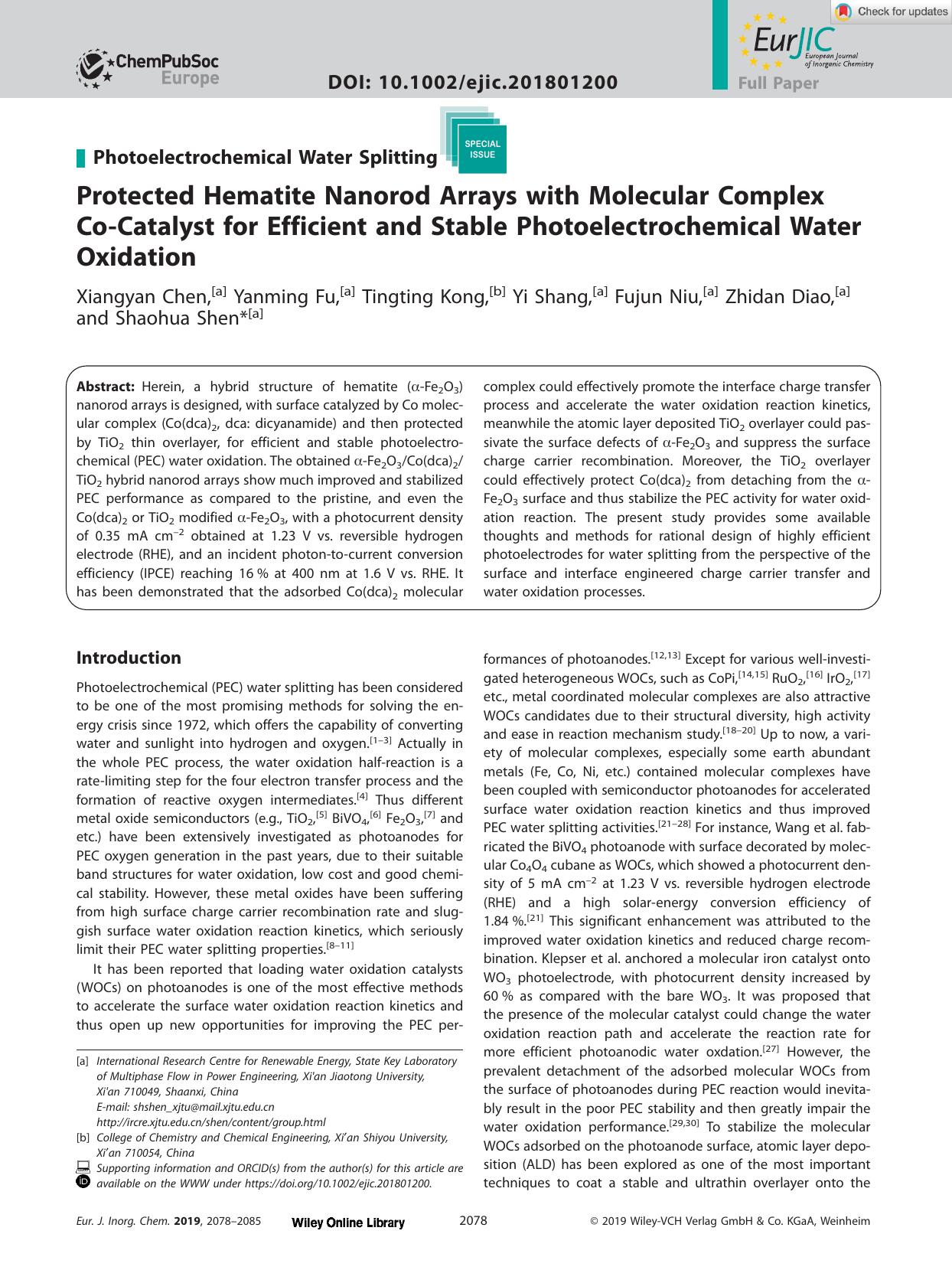 Protected Hematite Nanorod Arrays with Molecular Complex CoâCatalyst for Efficient and Stable Photoelectrochemical Water Oxidation by Unknown