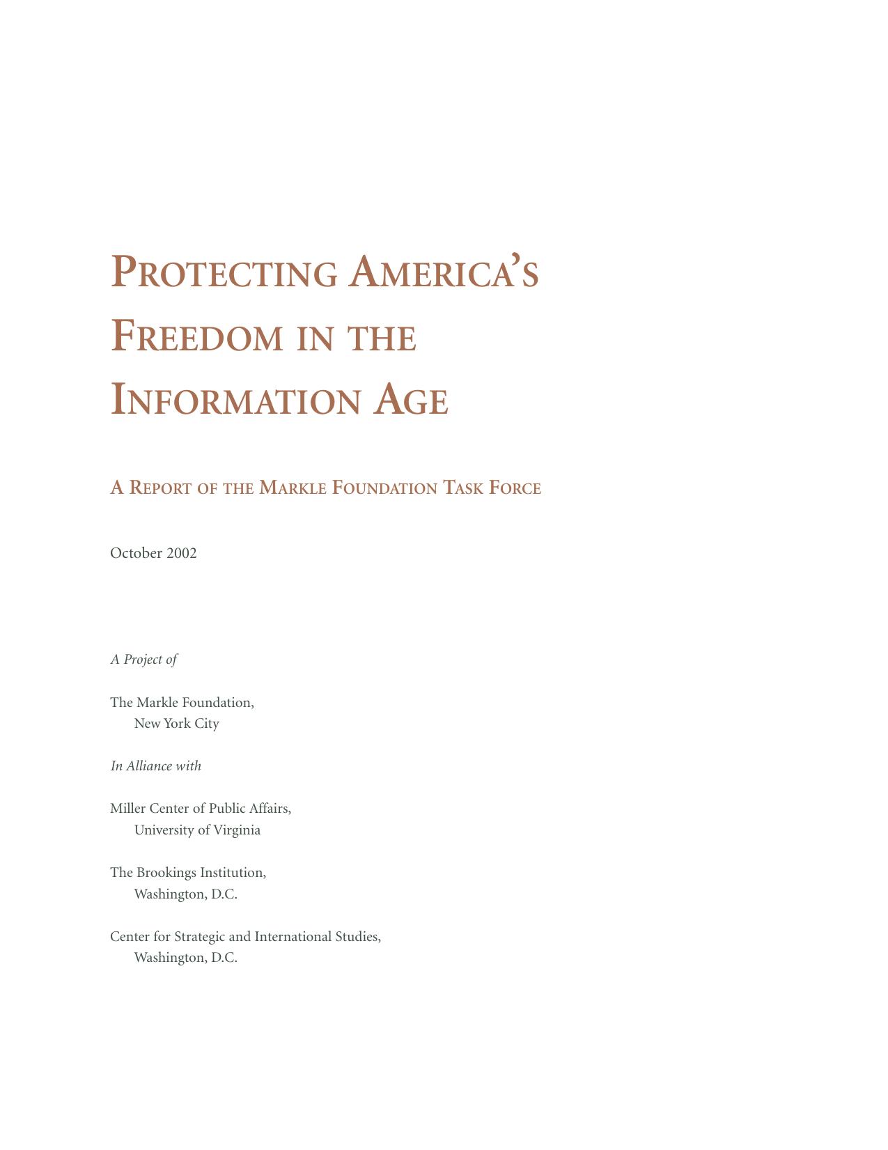 Protecting America's Freedom in the Information Age (A Report of the Markle Foundation Task Force) by Zoe Baird James Barksdale