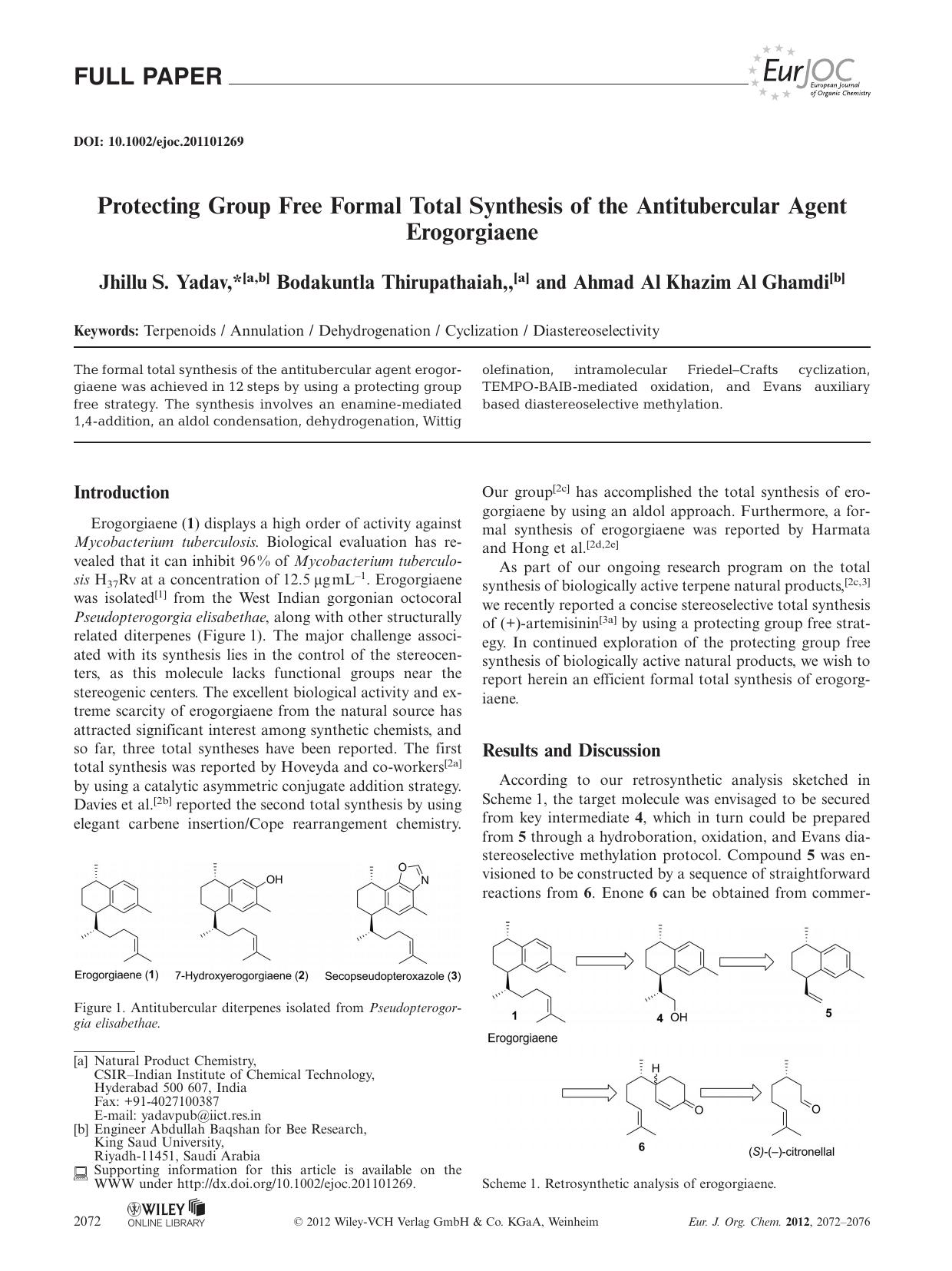 Protecting Group Free Formal Total Synthesis of the Antitubercular Agent Erogorgiaene by Unknown