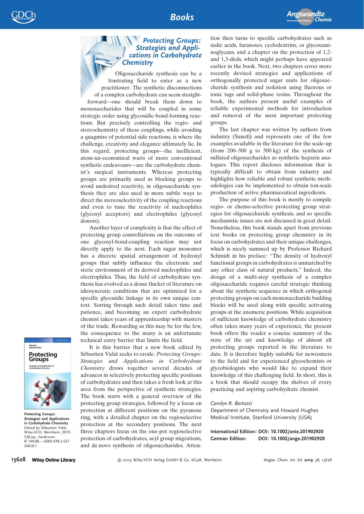 Protecting Groups: Strategies and Applications in Carbohydrate Chemistry. Edited by SÃ©bastien Vidal. by Unknown