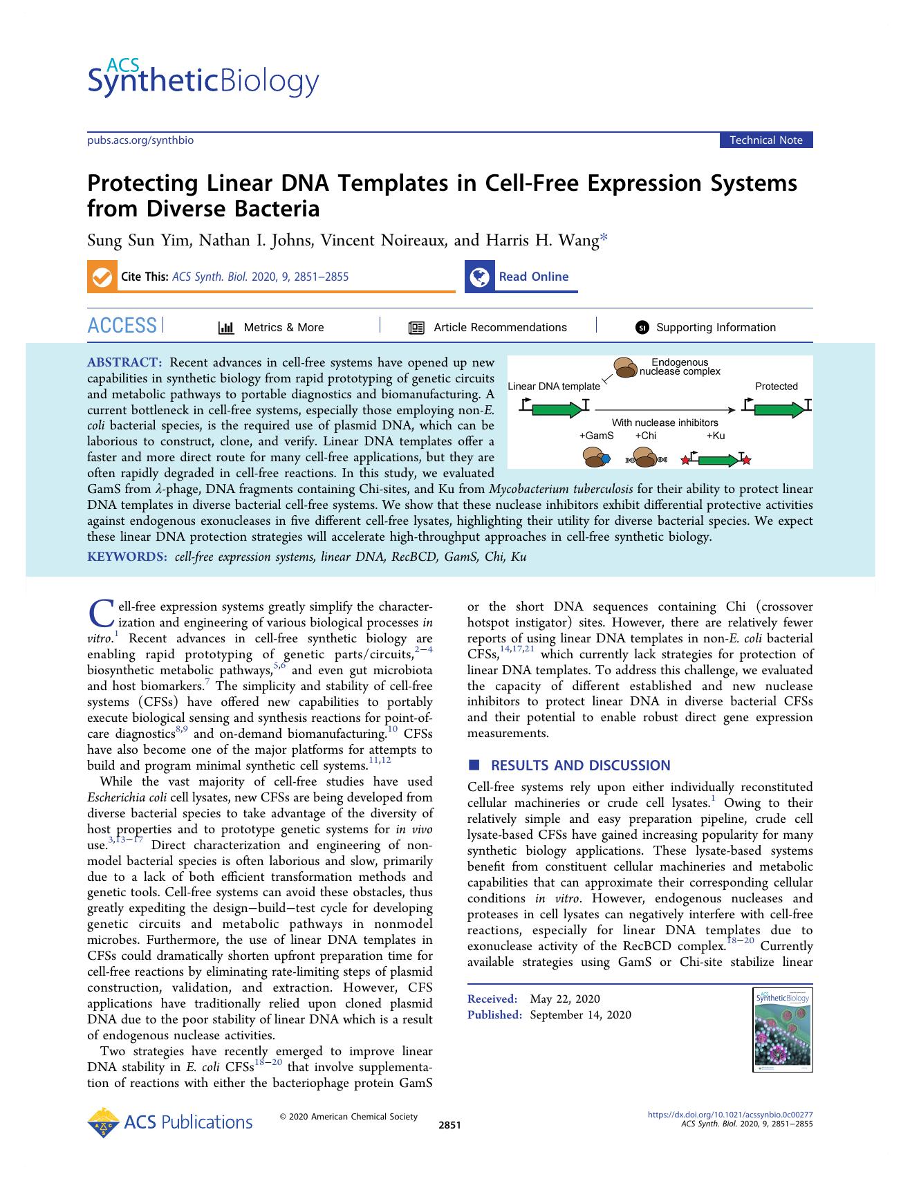 Protecting Linear DNA Templates in Cell-Free Expression Systems from Diverse Bacteria by Sung Sun Yim Nathan I. Johns Vincent Noireaux and Harris H. Wang
