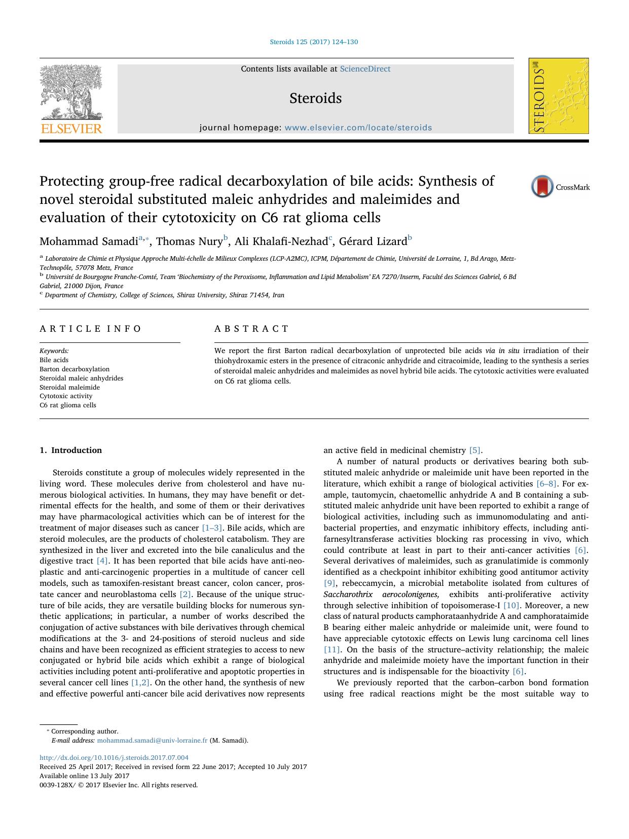 Protecting group-free radical decarboxylation of bile acids_ Synthesis of novel steroidal substituted maleic anhydrides and maleimides and evaluation of their cytotoxicity on C6 rat glioma cells by Mohammad Samadi & Thomas Nury & Ali Khalafi-Nezhad & Gérard Lizard