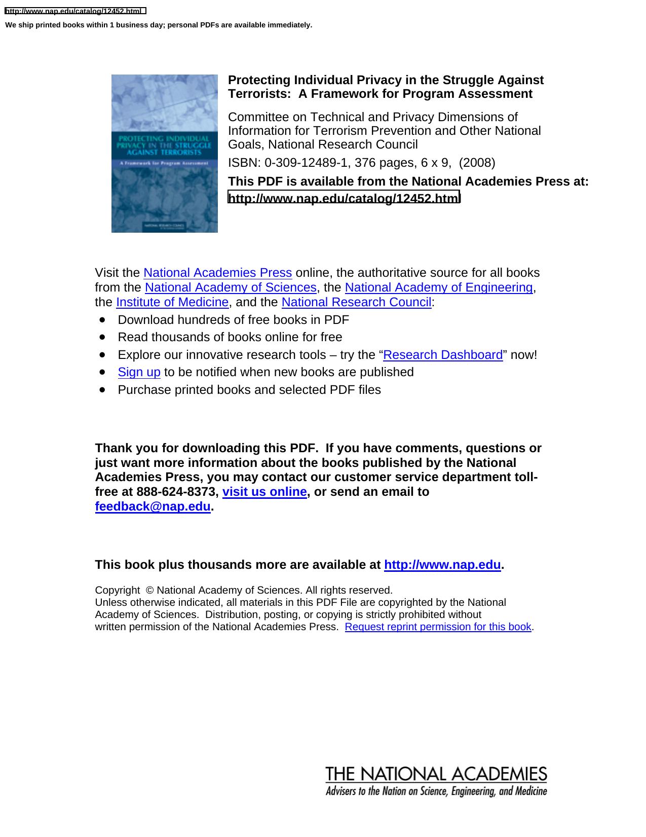 Protecting individual privacy in the struggle against terrorists a framework for program assessment by National Research Council (U.S.)