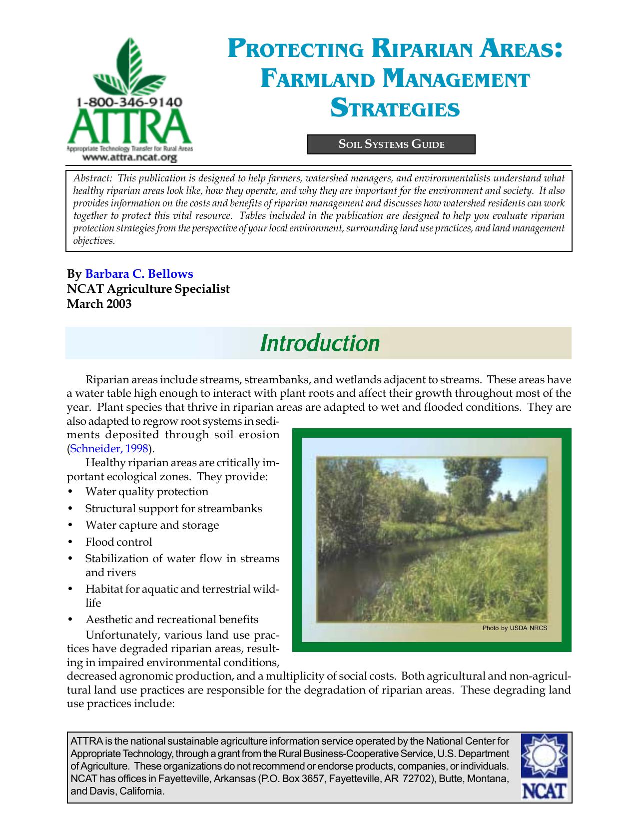 Protecting riparian areas : farmland management strategies by Barbara C Bellows