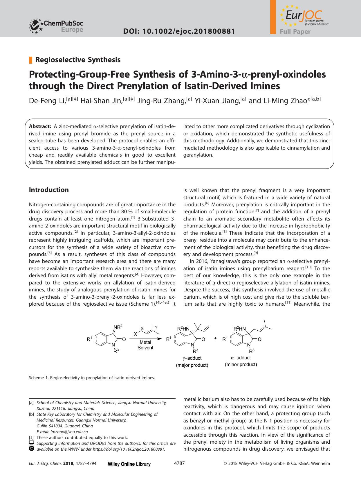 Protecting&#x02010;Group&#x02010;Free Synthesis of 3&#x02010;Amino&#x02010;3&#x02010;&#x003B1;&#x02010;prenyl&#x02010;oxindoles through the Direct Prenylation of Isatin&#x02010;Derived Imines by Unknown