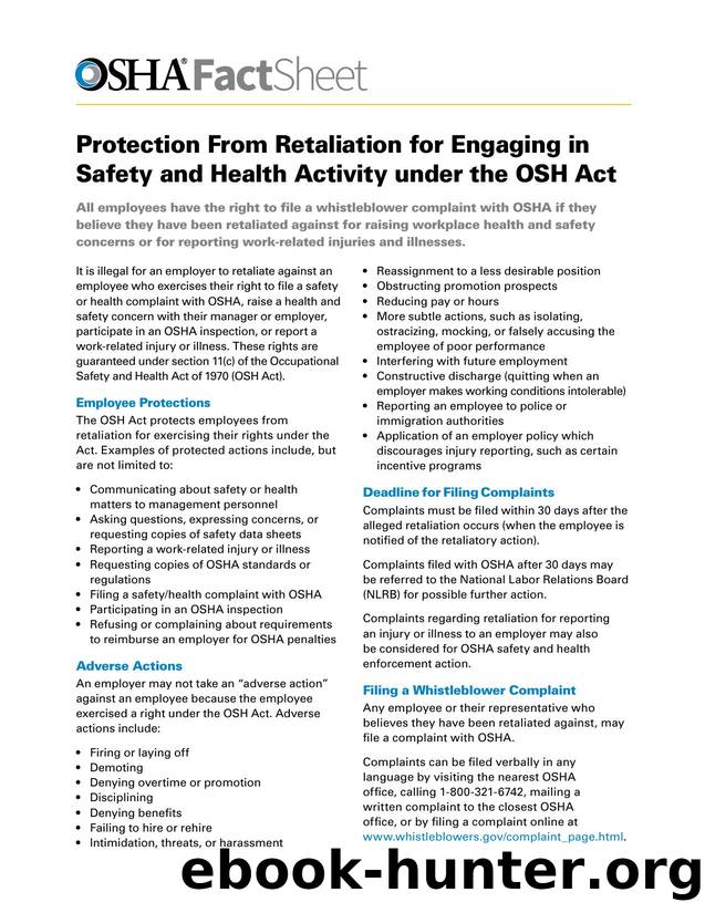 Protection From Retaliation for Engaging in Safety and Health Activity under the OSH Act by OSHA
