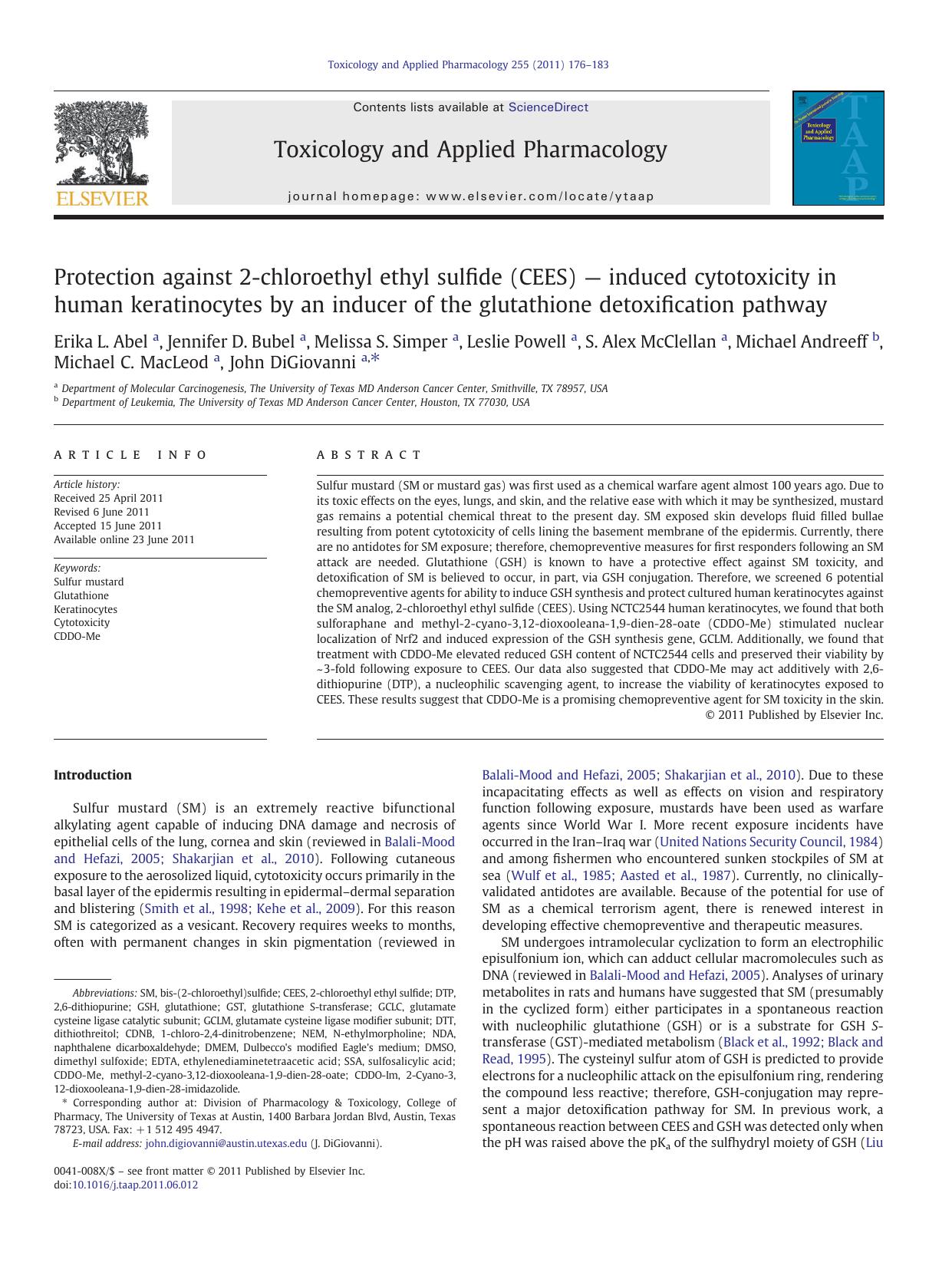 Protection against 2-chloroethyl ethyl sulfide (CEES) â induced cytotoxicity in human keratinocytes by an inducer of the glutathione detoxification pathway by unknow
