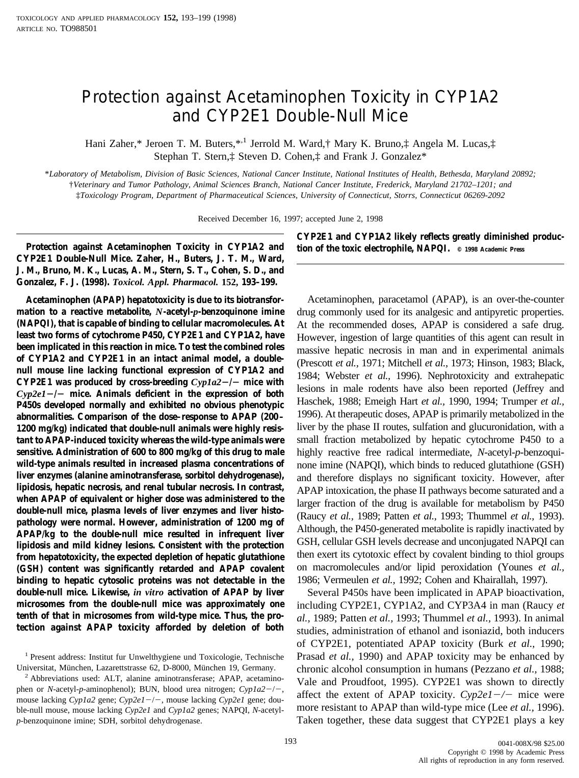 Protection against Acetaminophen Toxicity in CYP1A2 and CYP2E1 Double-Null Mice by Zaher H. et al