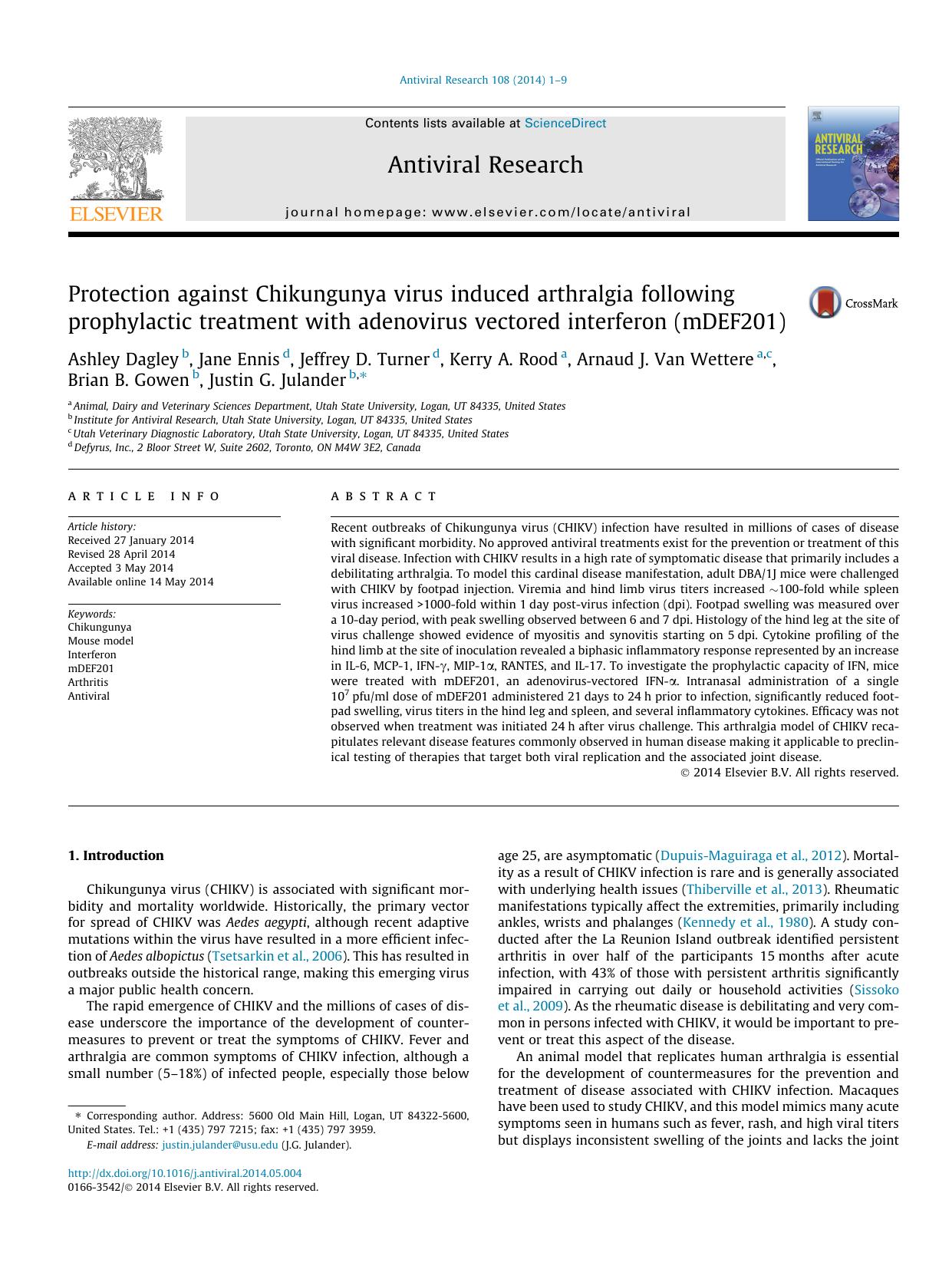 Protection against Chikungunya virus induced arthralgia following prophylactic treatment with adenovirus vectored interferon (mDEF201) by unknow