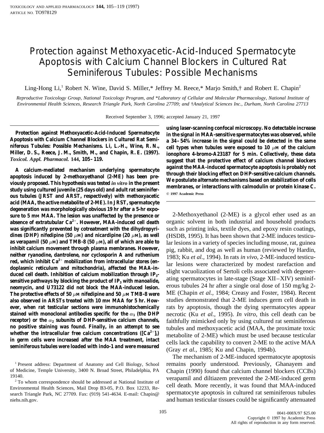 Protection against Methoxyacetic-Acid-Induced Spermatocyte Apoptosis with Calcium Channel Blockers in Cultured Rat Seminiferous Tubules: Possible Mechanisms by Li L.-H. et al