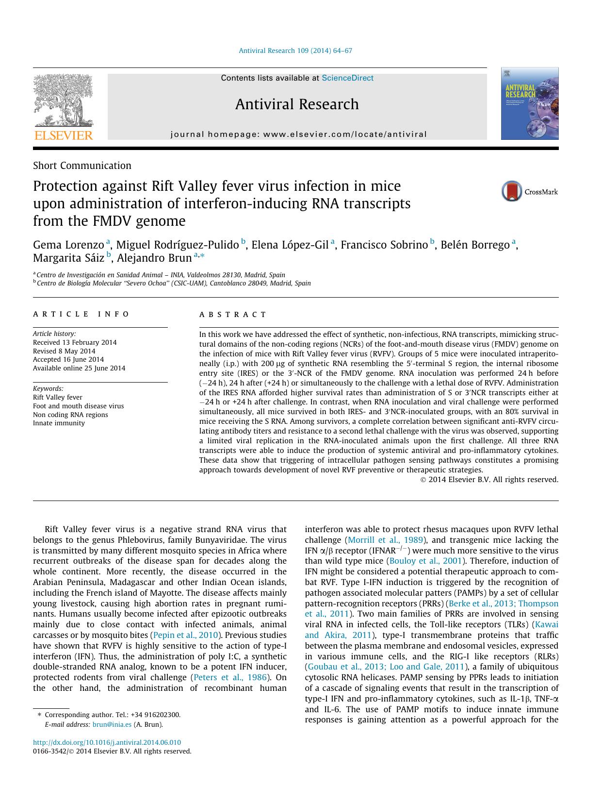 Protection against Rift Valley fever virus infection in mice upon administration of interferon-inducing RNA transcripts from the FMDV genome by unknow