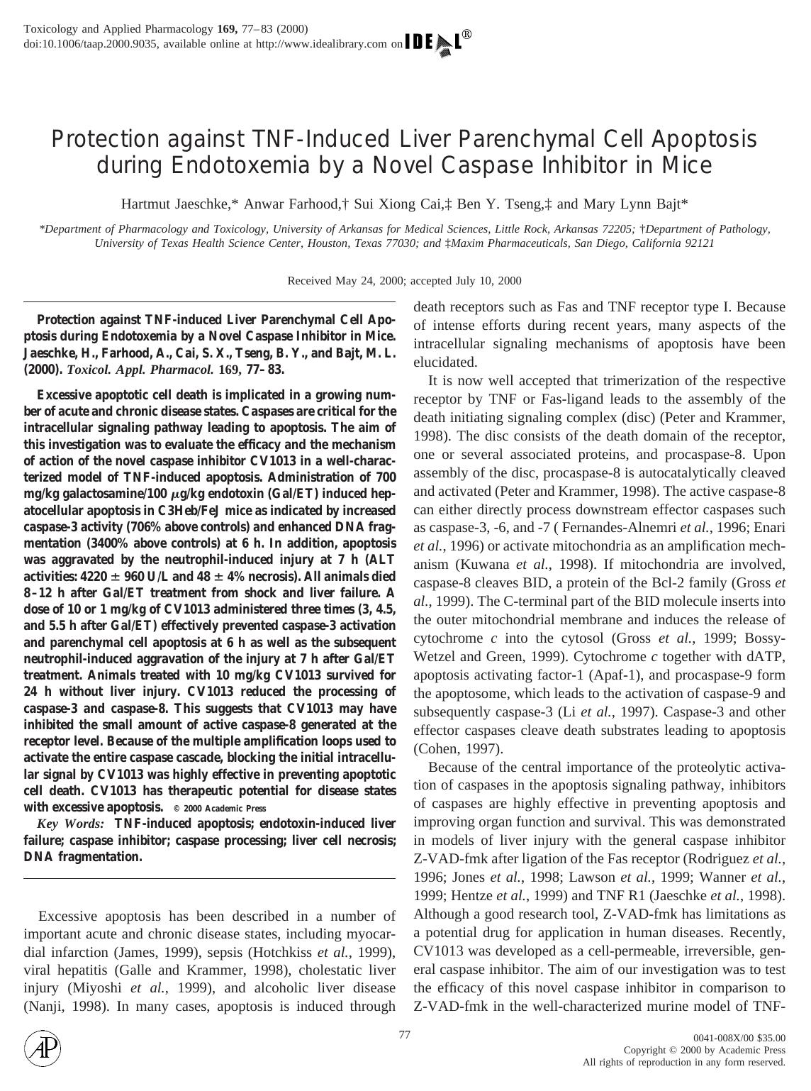 Protection against TNF-Induced Liver Parenchymal Cell Apoptosis during Endotoxemia by a Novel Caspase Inhibitor in Mice by Jaeschke H. et al