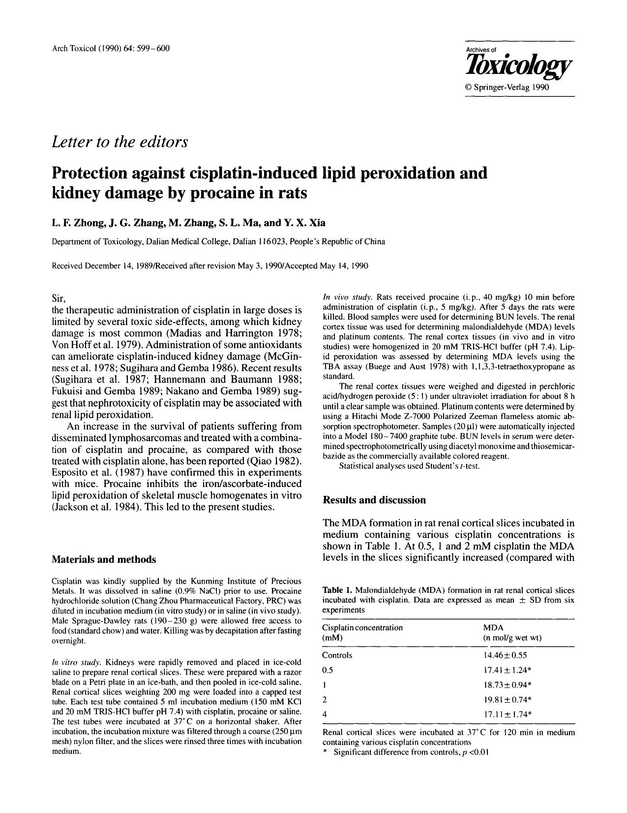 Protection against cisplatin-induced lipid peroxidation and kidney damage by procaine in rats by Unknown