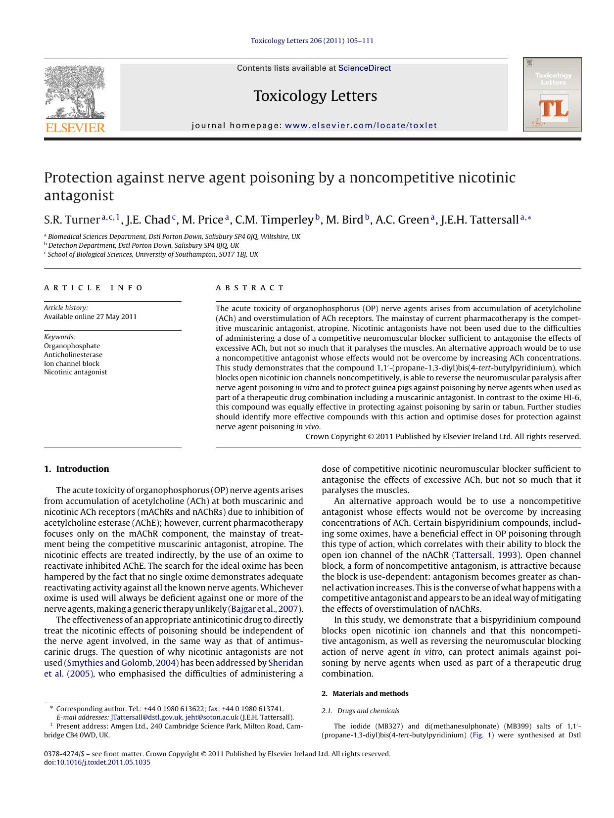 Protection against nerve agent poisoning by a noncompetitive nicotinic antagonist by S.R. Turner