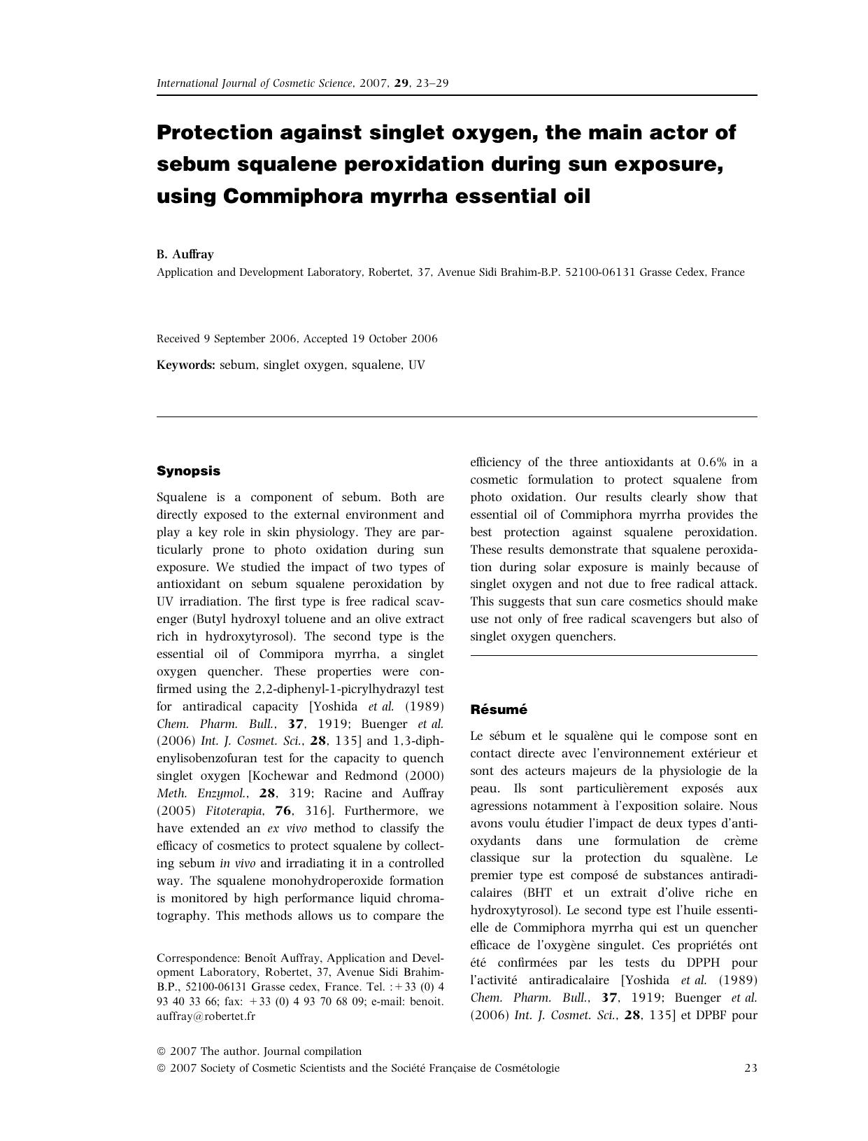Protection against singlet oxygen, the main actor of sebum squalene peroxidation during sun exposure, using Commiphora myrrha essential oil by Unknown