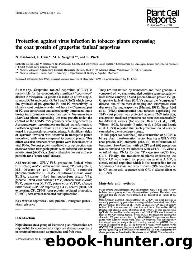 Protection against virus infection in tobacco plants expressing the coat protein of grapevine fanleaf nepovirus by Unknown