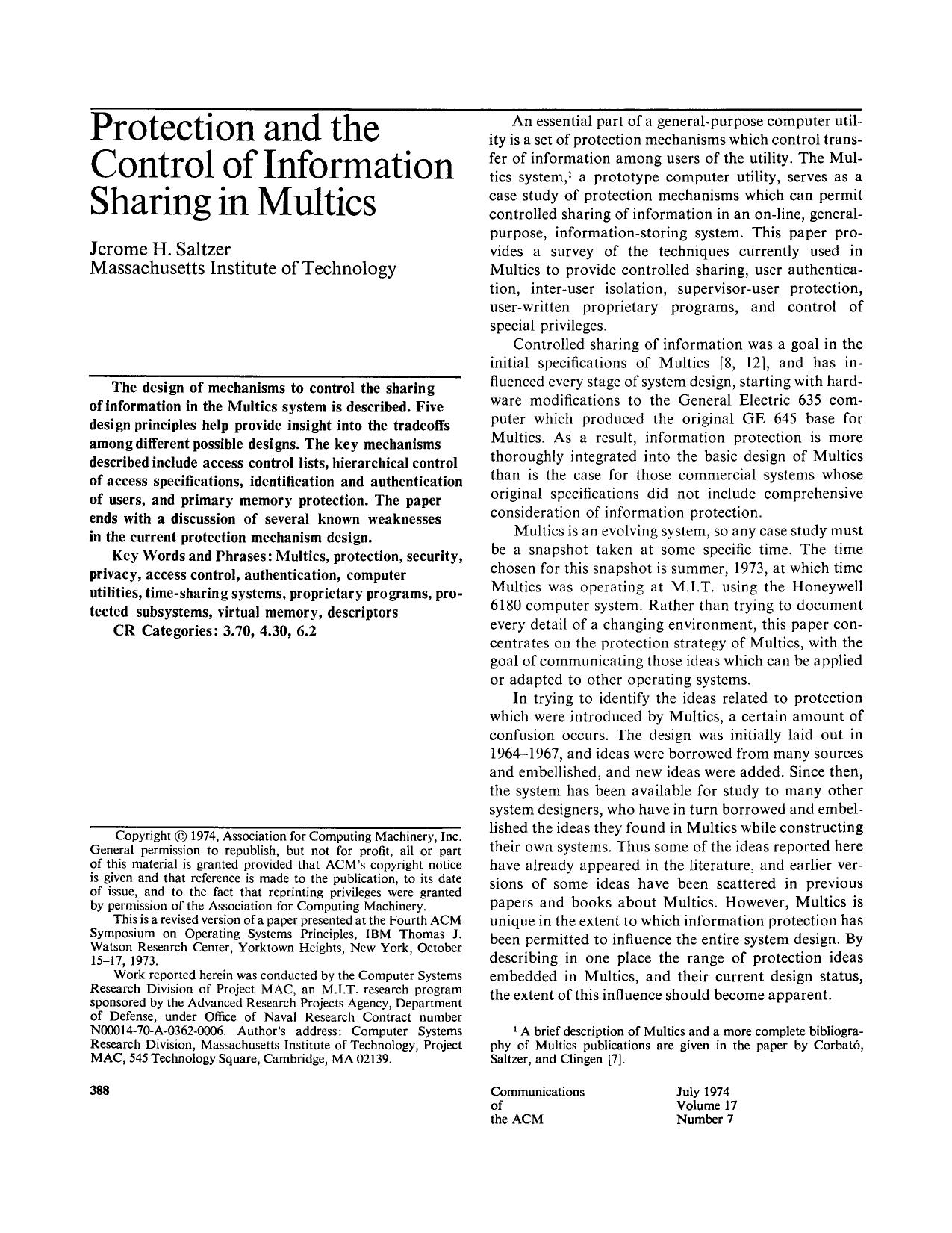 Protection and the Control of Information Sharing in Multics p388-saltzer by Unknown