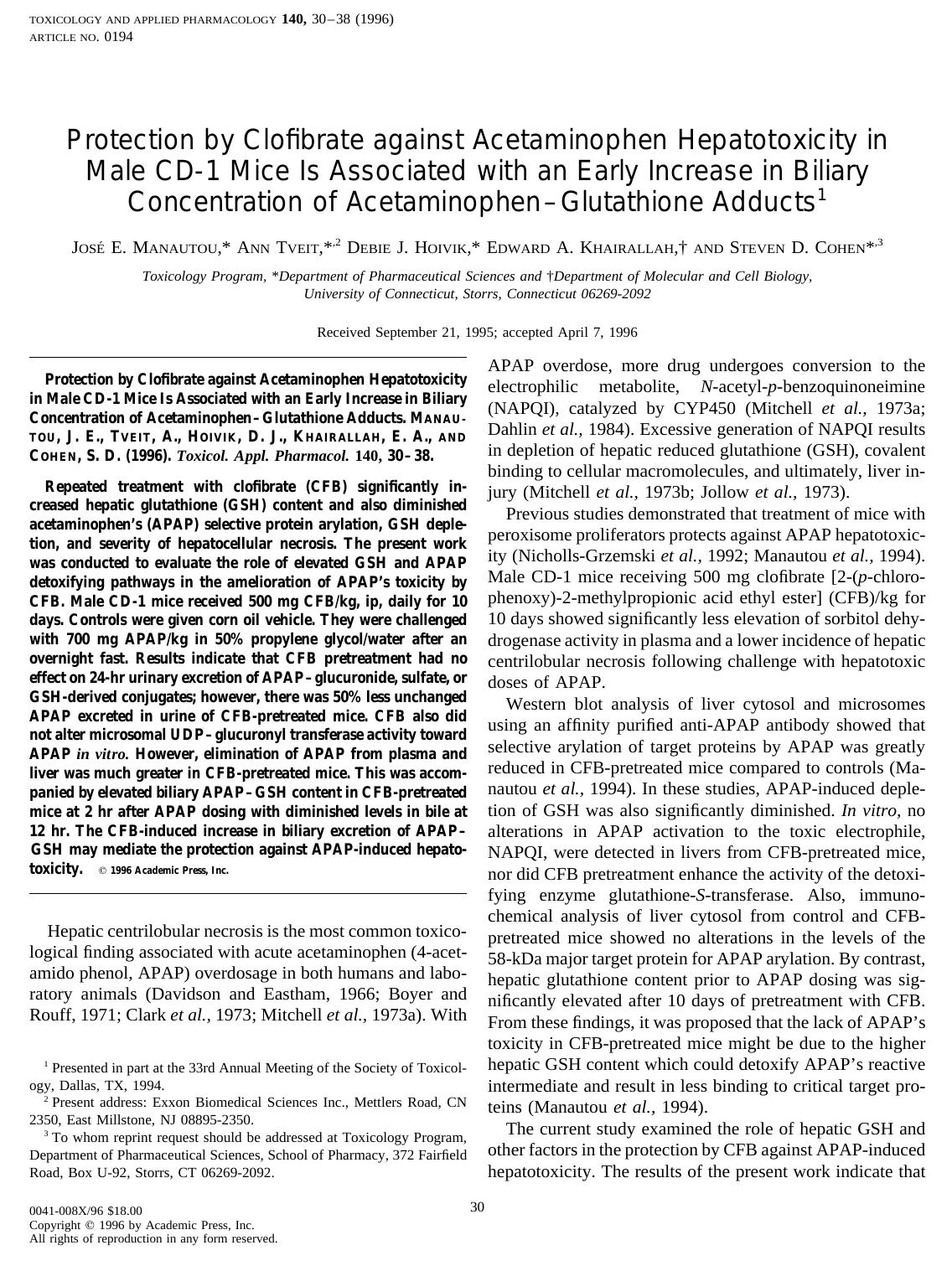 Protection by Clofibrate against Acetaminophen Hepatotoxicity in Male CD-1 Mice Is Associated with an Early Increase in Biliary Concentration of Acetaminophen-Glutathione Adducts by Manautou J. E. et al
