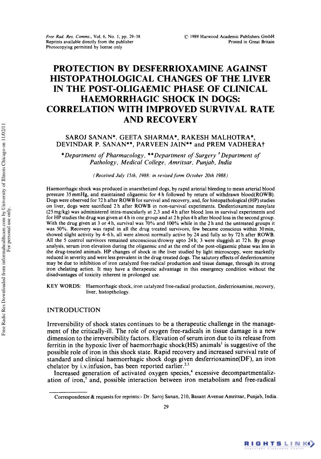 Protection by Desferrioxamine Against Histopathological Changes of the Liver in the Post-Oligaemic Phase of Clinical Haemorrhagic Shock in Dogs: Correlation with Improved Survival Rate and Recovery by Saroj Sanan1† Geeta Sharma1 Rakesh Malhotra1 Devindar P. Sanan2 Parveen Jain2 & Prem Vadhera3