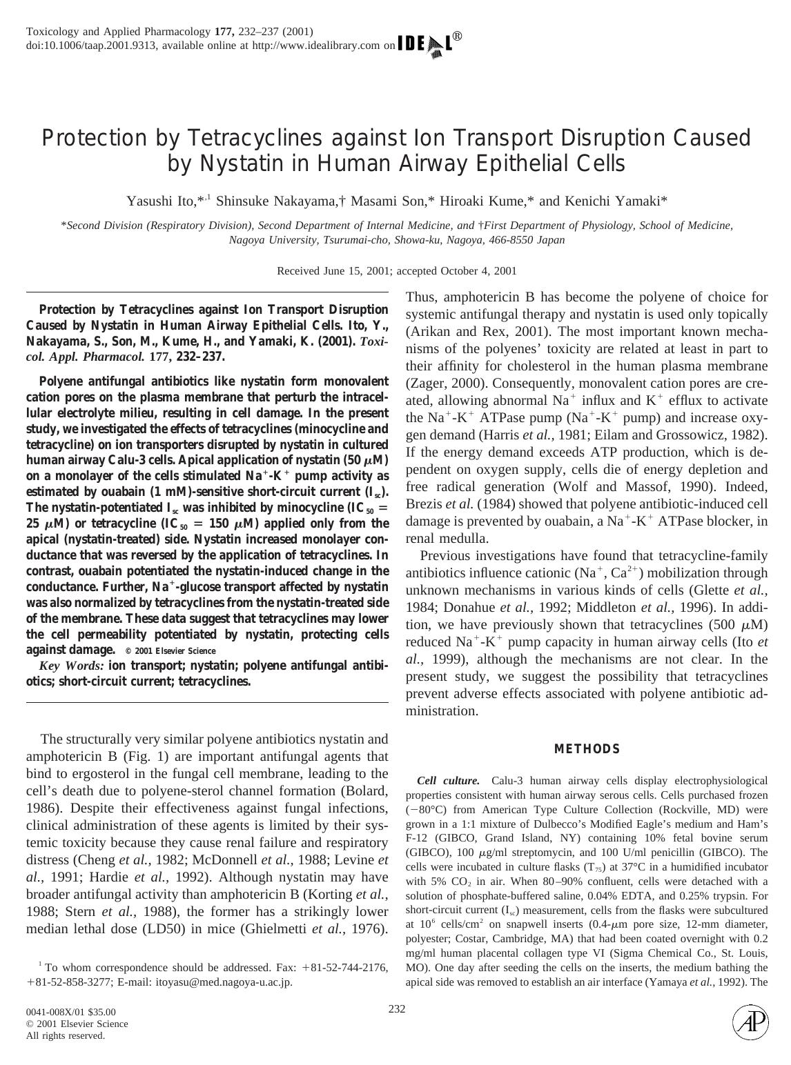 Protection by Tetracyclines against Ion Transport Disruption Caused by Nystatin in Human Airway Epithelial Cells by Ito Y. et al