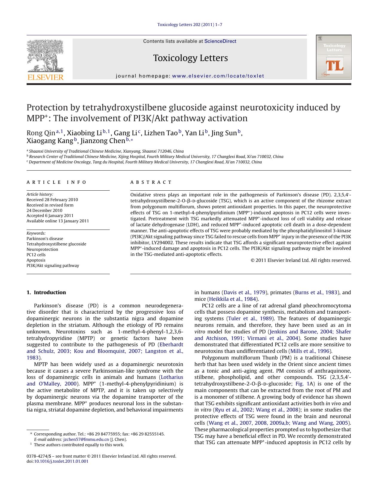 Protection by tetrahydroxystilbene glucoside against neurotoxicity induced by MPP+: The involvement of PI3KAkt pathway activation by Rong Qin