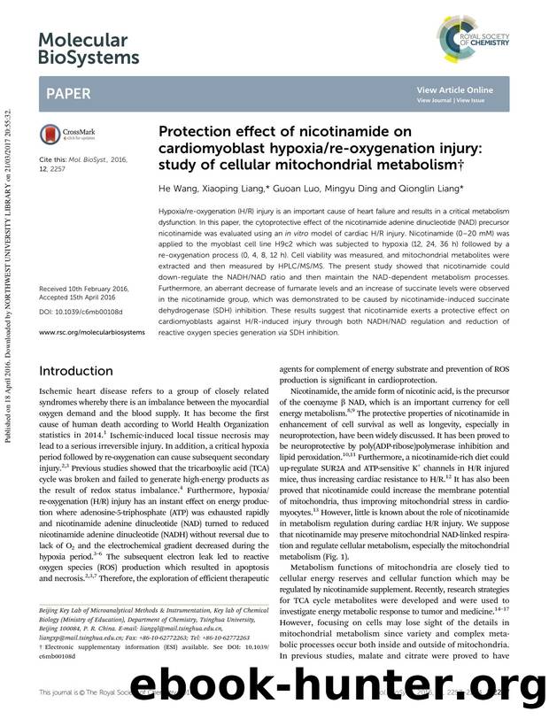 Protection effect of nicotinamide on cardiomyoblast hypoxiare-oxygenation injury: study of cellular mitochondrial metabolism by He Wang & Xiaoping Liang & Guoan Luo & Mingyu Ding & Qionglin Liang