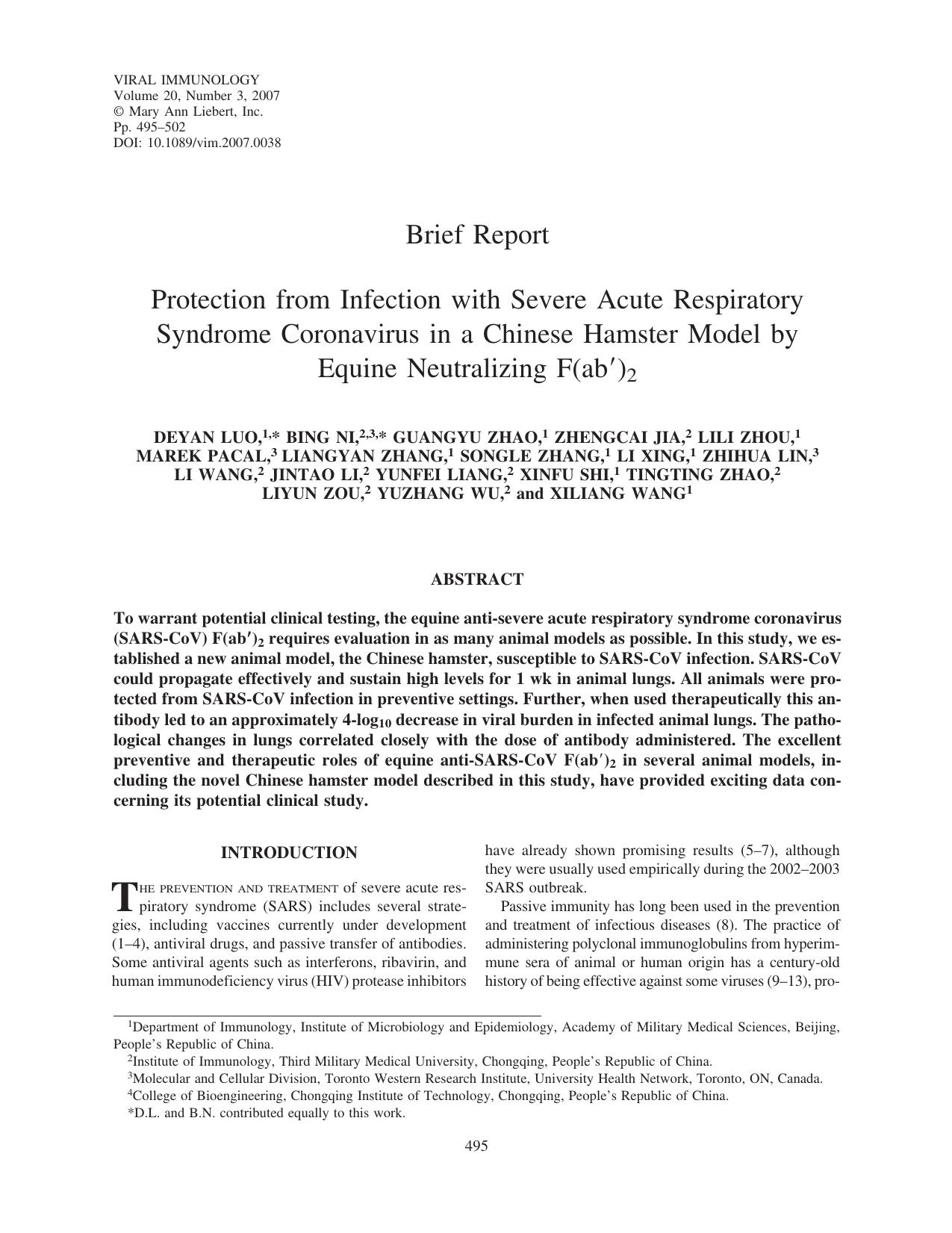 Protection from Infection with Severe Acute Respiratory Syndrome Coronavirus in a Chinese Hamster Model by Equine Neutralizing F(ab′)2 by unknow