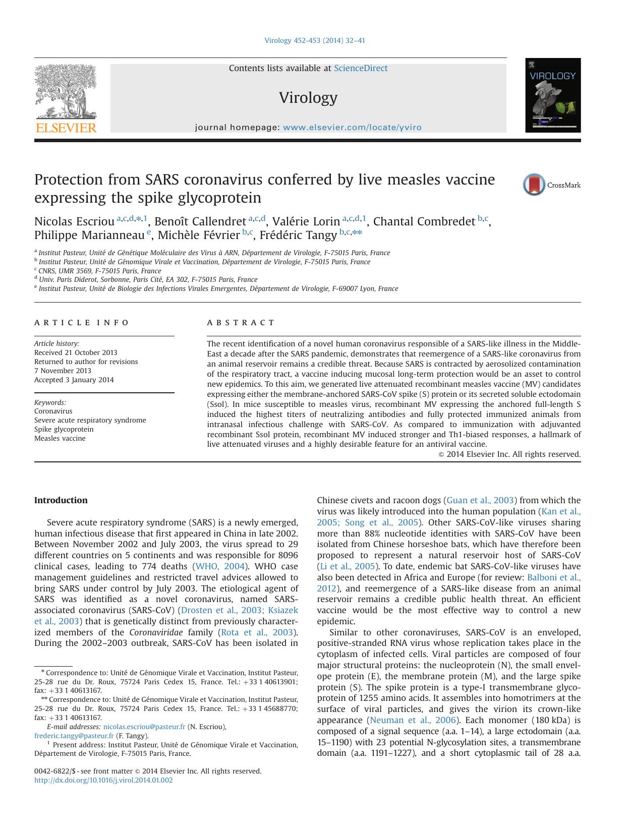 Protection from SARS coronavirus conferred by live measles vaccine expressing the spike glycoprotein by unknow