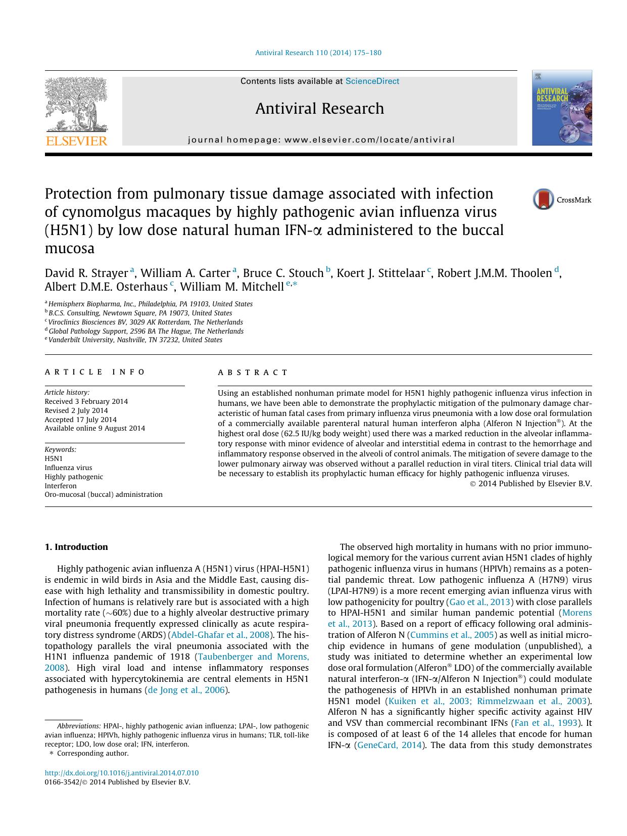 Protection from pulmonary tissue damage associated with infection of cynomolgus macaques by highly pathogenic avian influenza virus (H5N1) by low dose natural human IFN-ÃÂ± admini by unknow