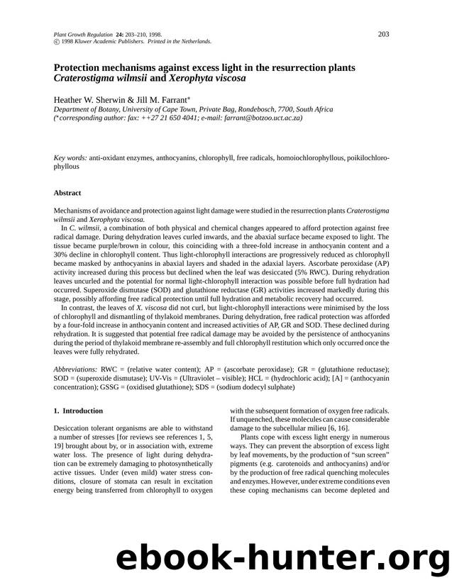 Protection mechanisms against excess light in the resurrection plants Craterostigma wilmsii and Xerophyta viscosa by Unknown