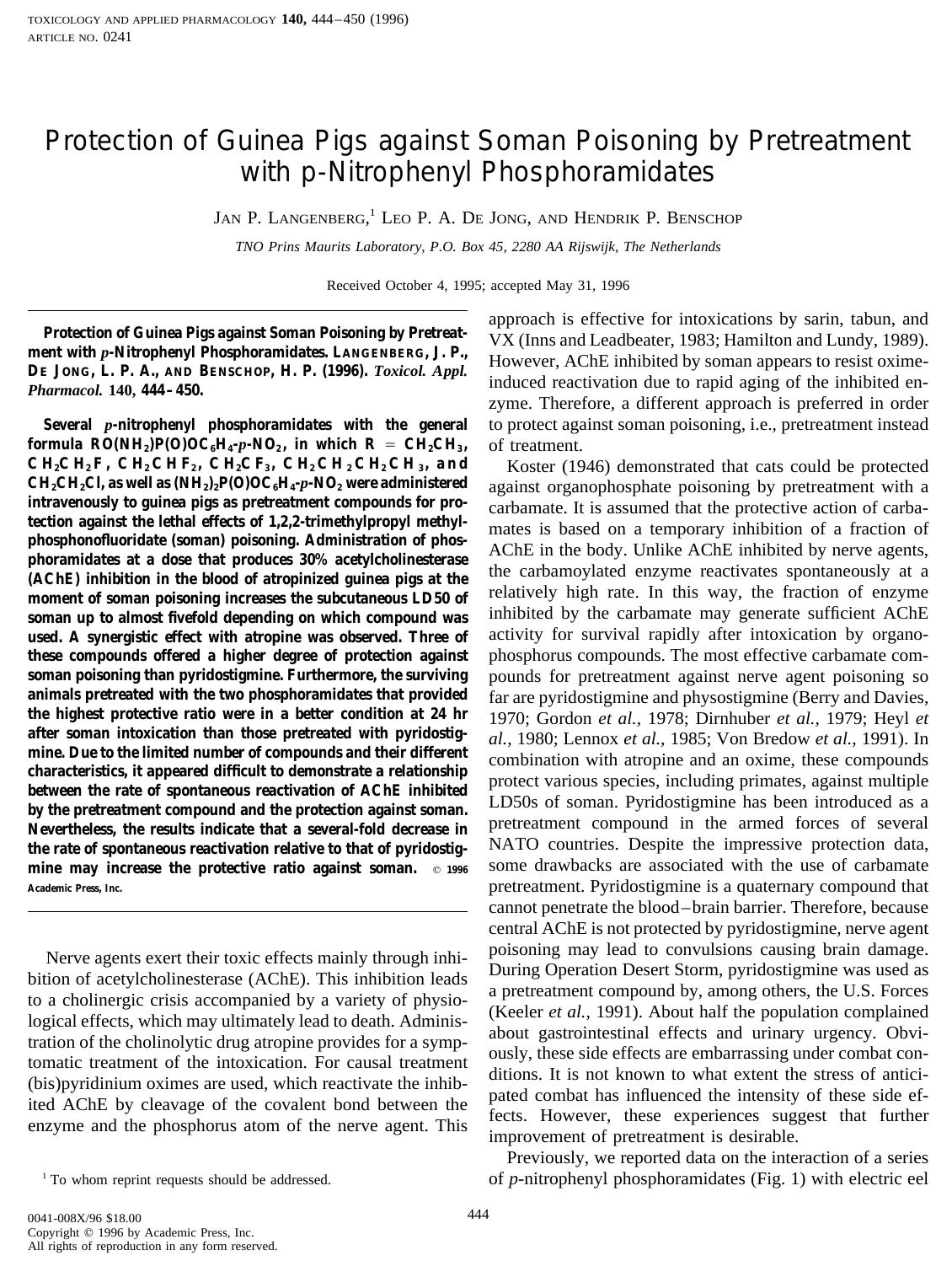 Protection of Guinea Pigs against Soman Poisoning by Pretreatment with p-Nitrophenyl Phosphoramidates by Langenberg J. P. et al