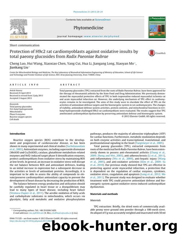 Protection of H9c2 rat cardiomyoblasts against oxidative insults by total paeony glucosides from Radix Paeoniae Rubrae by Cheng Luo & Hui Wang & Xiaoxiao Chen & Yang Cui & Hua Li & Jiangang Long & Xiaoyan Mo & Jiankang Liu