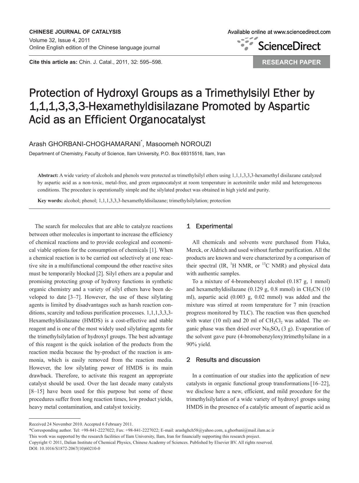 Protection of Hydroxyl Groups as a Trimethylsilyl Ether by 1,1,1,3,3,3-Hexamethyldisilazane Promoted by Aspartic Acid as an Efficient Organocatalyst by Arash GHORBANI-CHOGHAMARANI & Masoomeh NOROUZI