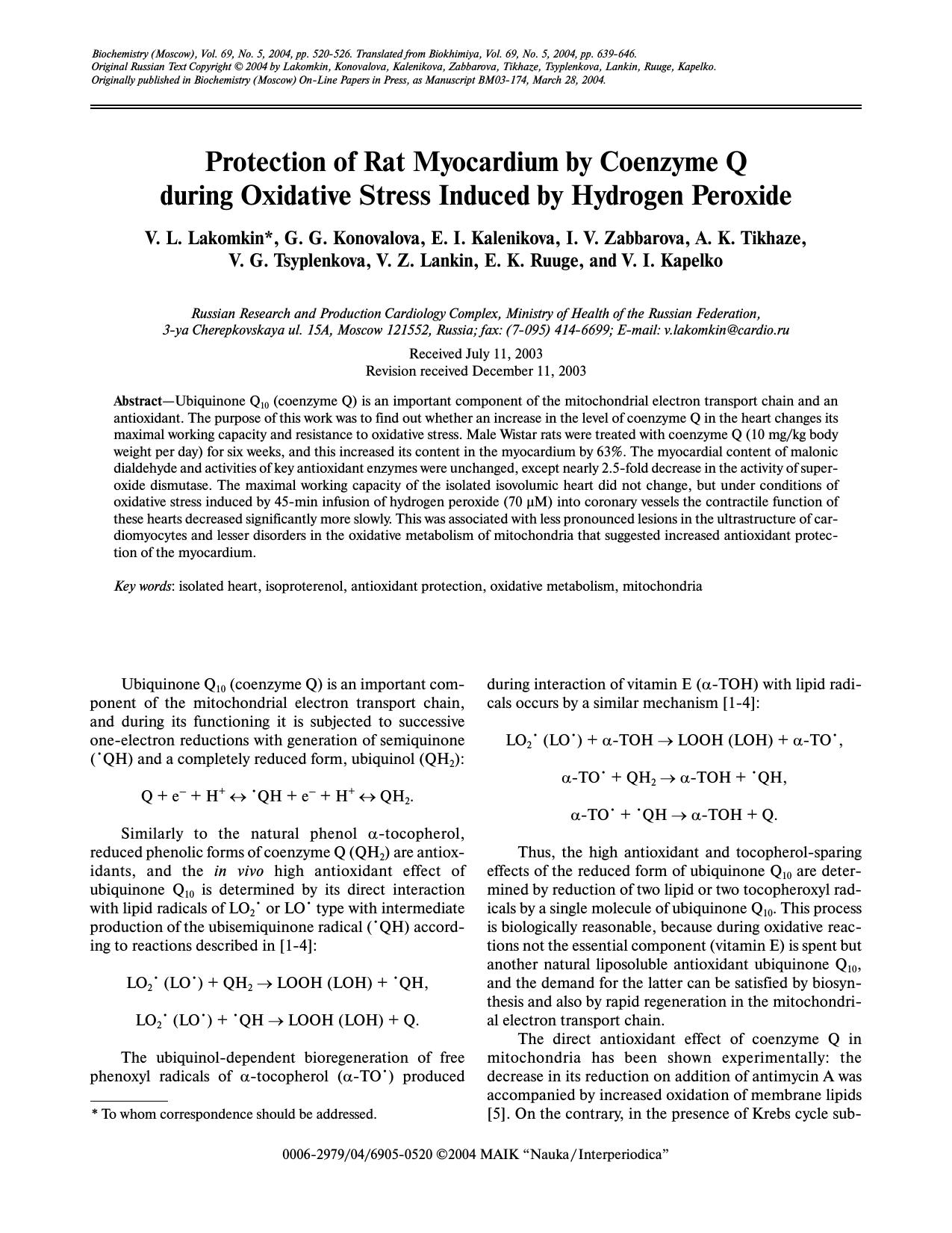 Protection of Rat Myocardium by Coenzyme Q during Oxidative Stress Induced by Hydrogen Peroxide by Unknown