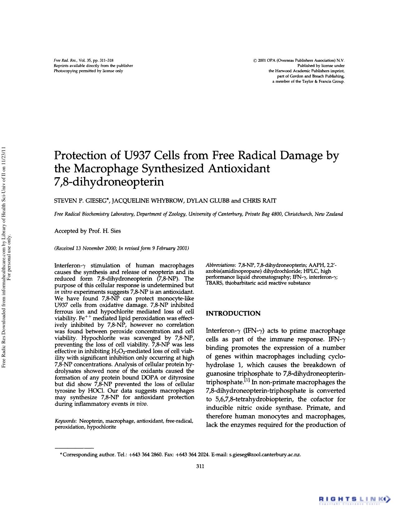 Protection of U937 cells from free radical damage by the macrophage synthesized antioxidant 7,8-dihydroneopterin by Steven P. Gieseg Jacqueline Whybrow Dylan Glubb & Chris Rait