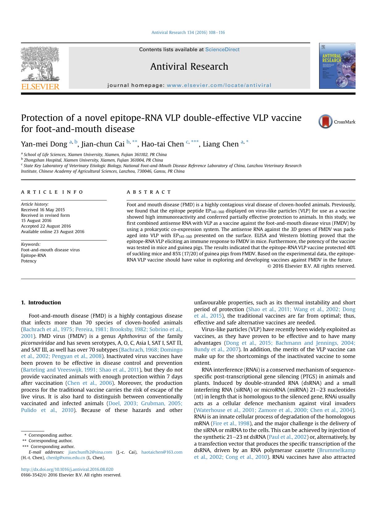 Protection of a novel epitope-RNA VLP double-effective VLP vaccine for foot-and-mouth disease by Yan-mei Dong & Jian-chun Cai & Hao-tai Chen & Liang Chen