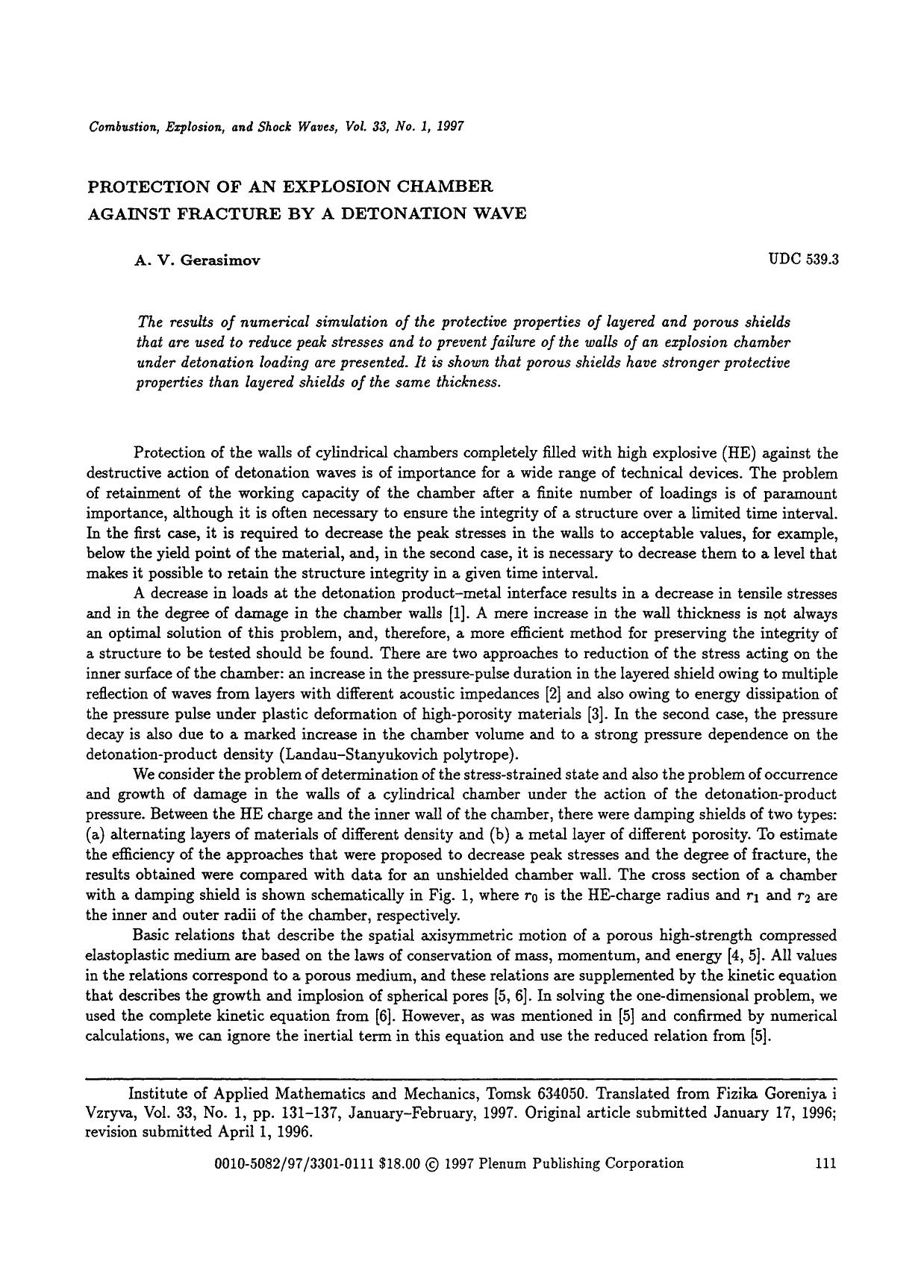 Protection of an explosion chamber against fracture by a detonation wave by Unknown