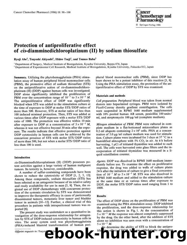 Protection of antiproliferative effect of <Emphasis Type="Italic">cis<Emphasis>-diamminedichloroplatinum (II) by sodium thiosulfate by Unknown