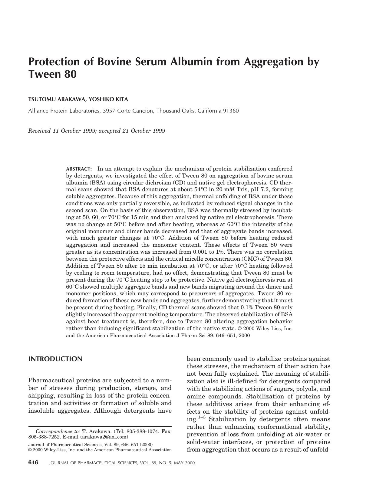 Protection of bovine serum albumin from aggregation by Tween 80 by Unknown