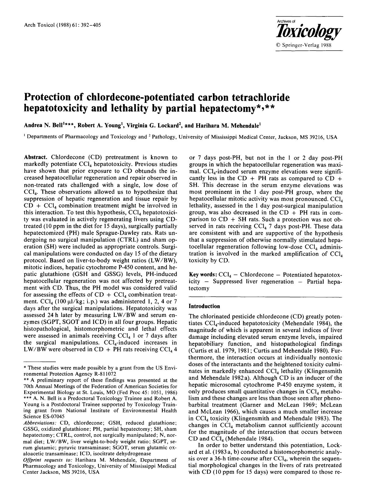 Protection of chlordecone-potentiated carbon tetrachloride hepatotoxicity and lethality by partial hepatectomy by Unknown