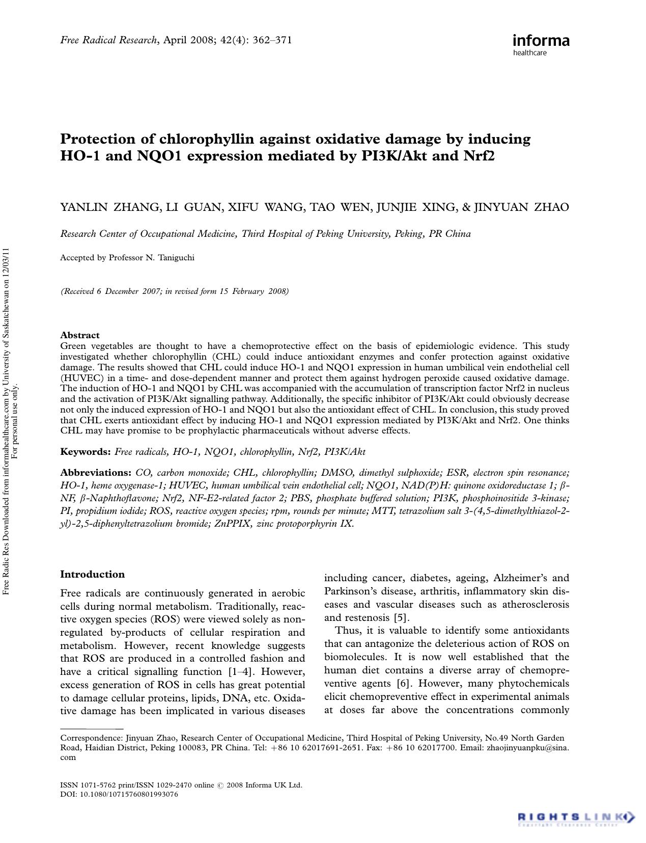 Protection of chlorophyllin against oxidative damage by inducing HO-1 and NQO1 expression mediated by PI3KAkt and Nrf2 by Yanlin Zhang1 Li Guan1 Xifu Wang1 Tao Wen1 Junjie Xing1 & Jinyuan Zhao1†
