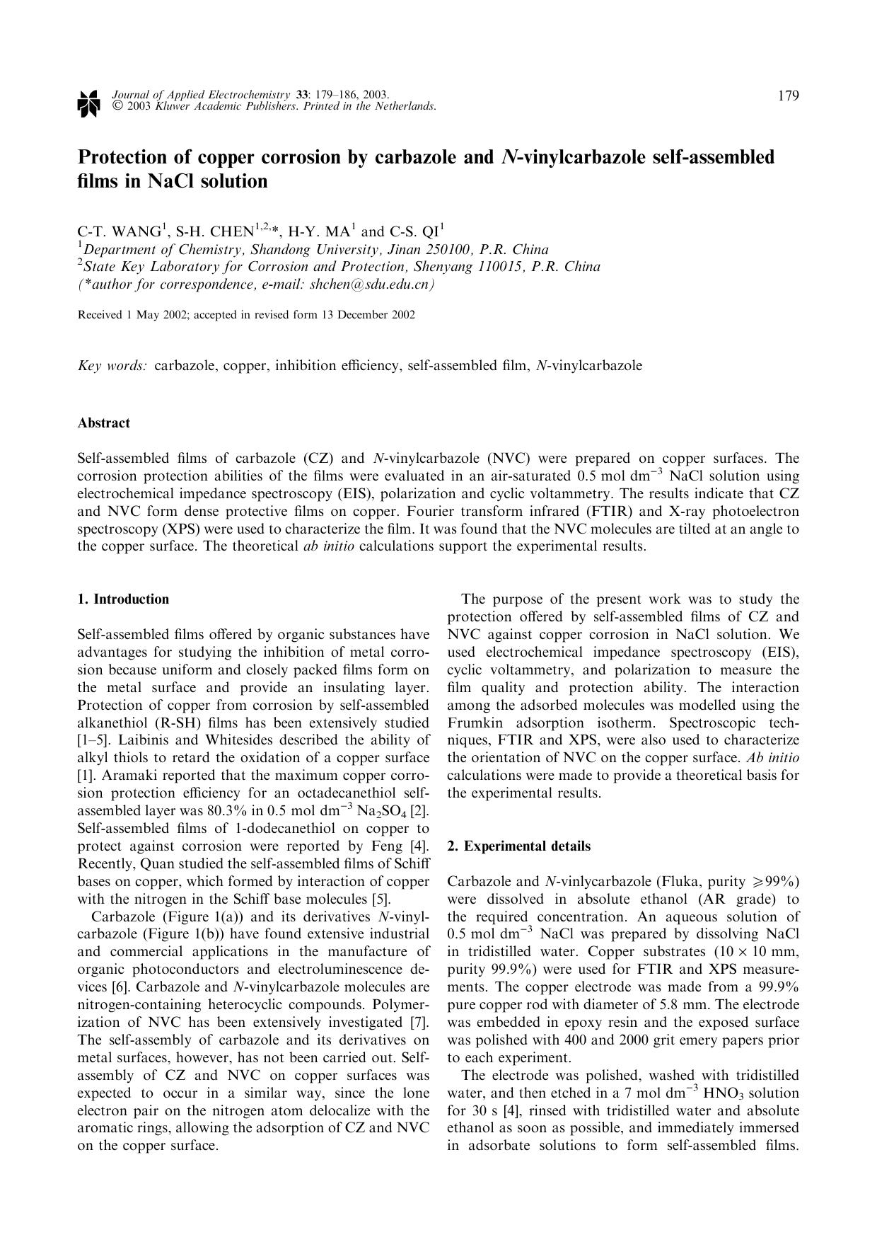Protection of copper corrosion by carbazole and <Emphasis Type="Italic">N<Emphasis>-vinylcarbazole self-assembled films in NaCl solution by Unknown