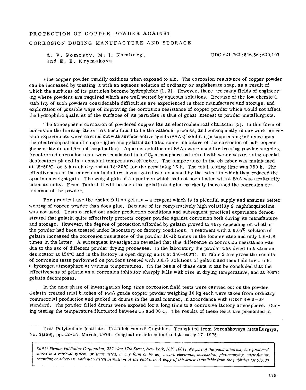 Protection of copper powder against corrosion during manufacture and storage by Unknown