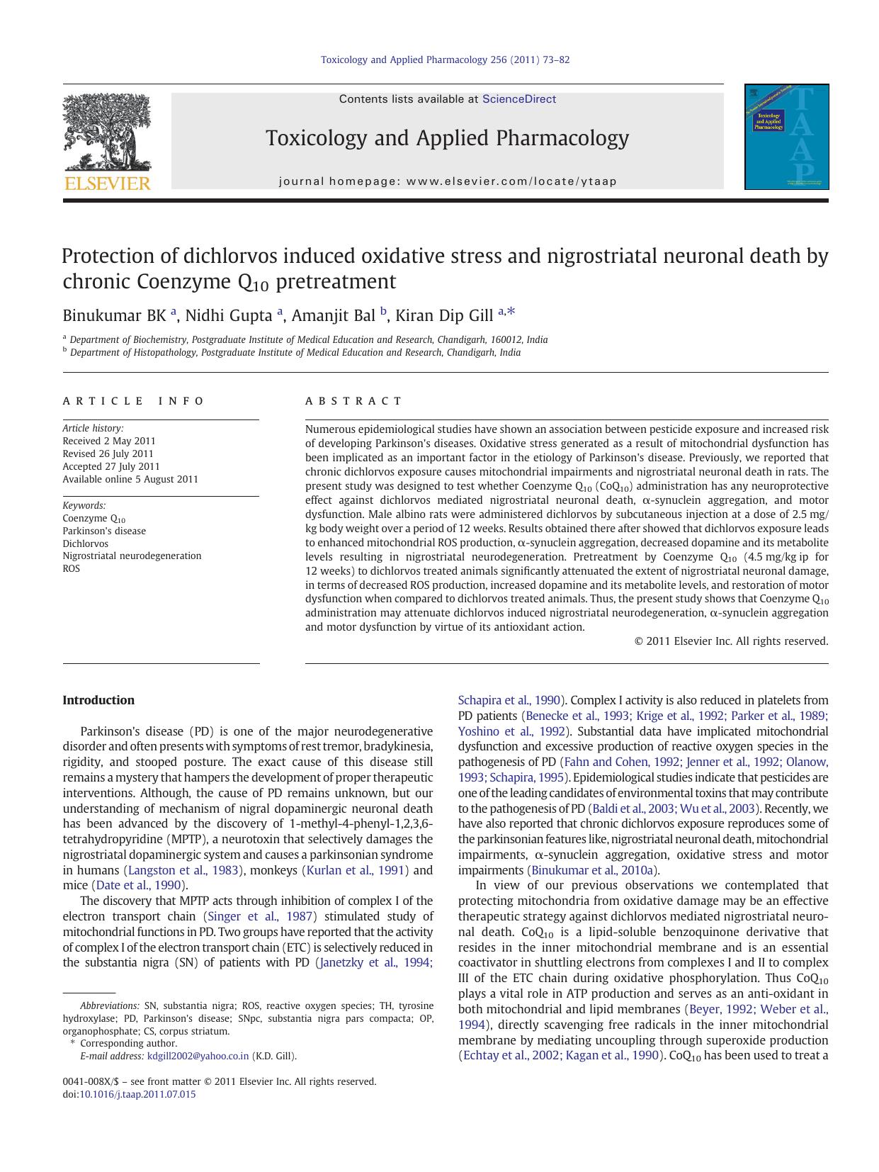 Protection of dichlorvos induced oxidative stress and nigrostriatal neuronal death by chronic Coenzyme Q10 pretreatment by Binukumar BK & Nidhi Gupta & Amanjit Bal & Kiran Dip Gill