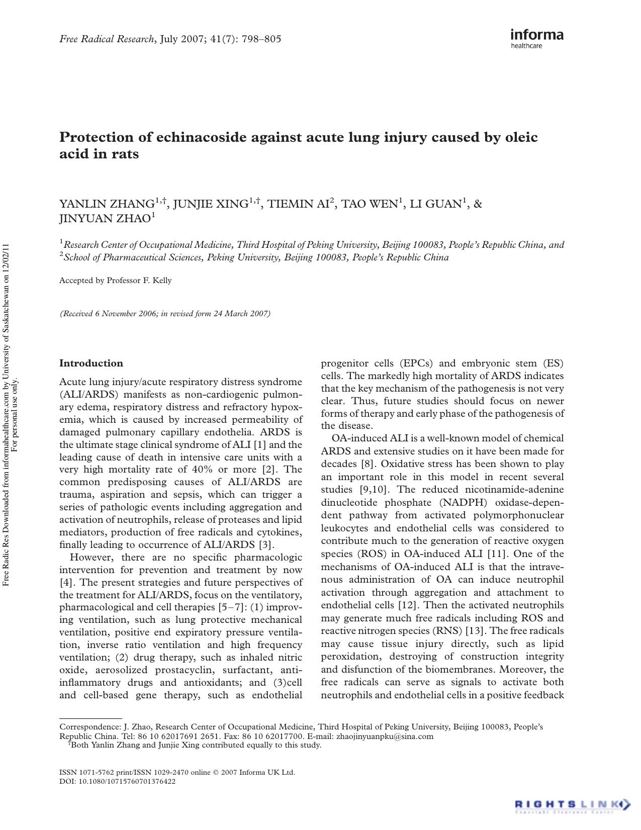 Protection of echinacoside against acute lung injury caused by oleic acid in rats by unknow