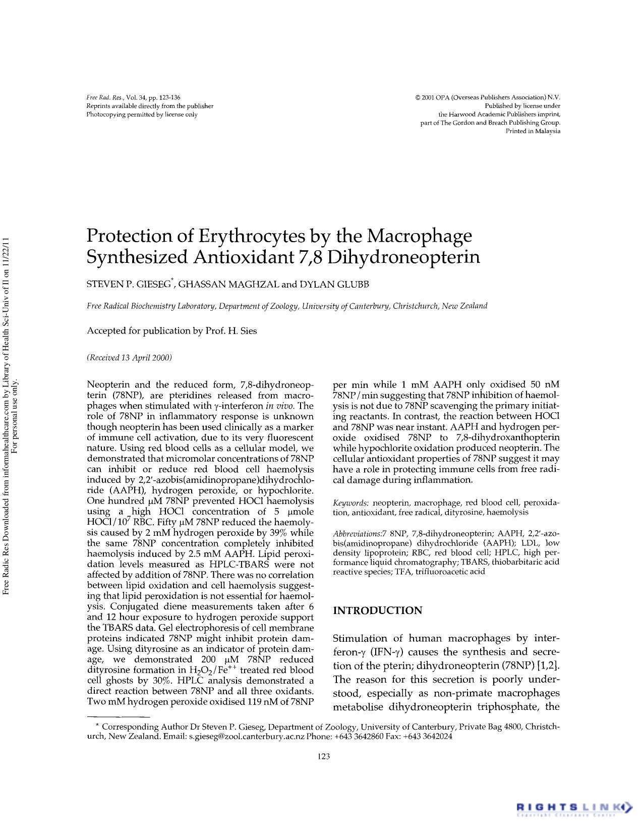 Protection of erythrocytes by the macrophage synthesized antioxidant 7,8 dihydroneopterin by Steven P. Gieseg Ghassan Maghzal & Dylan Glubb