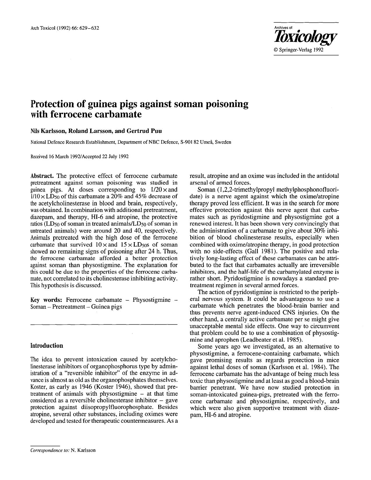 Protection of guinea pigs against soman poisoning with ferrocene carbamate by Unknown