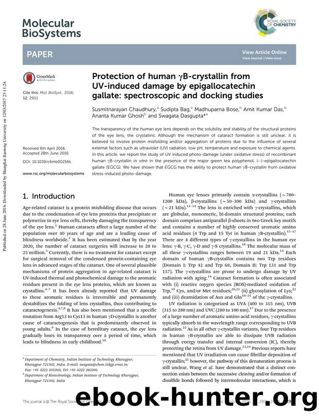 Protection of human &#x3b3;B-crystallin from UV-induced damage by epigallocatechin gallate: spectroscopic and docking studies by unknow