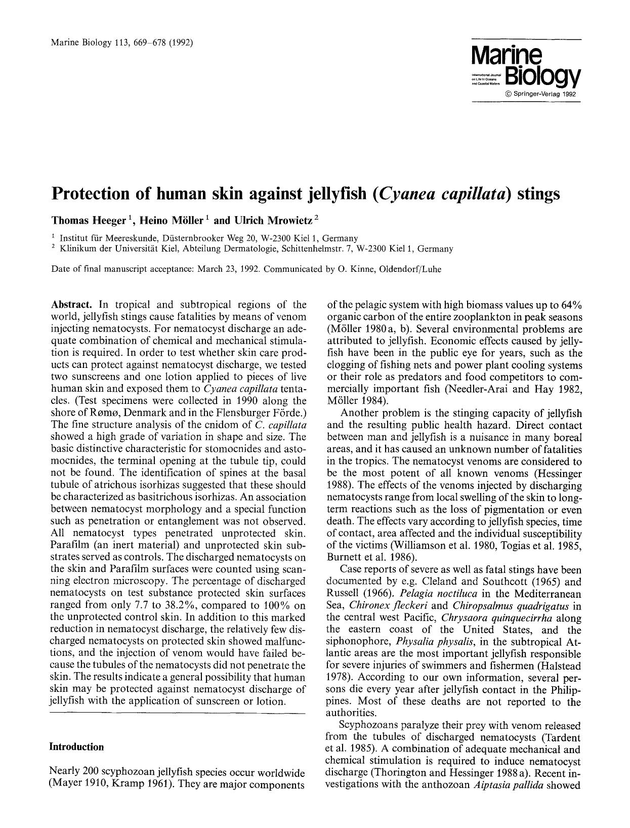 Protection of human skin against jellyfish (<Emphasis Type="Italic">Cyanea capillata<Emphasis>) stings by Unknown